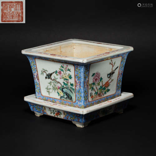 Famille rose flower and bird pot Qing Dynasty