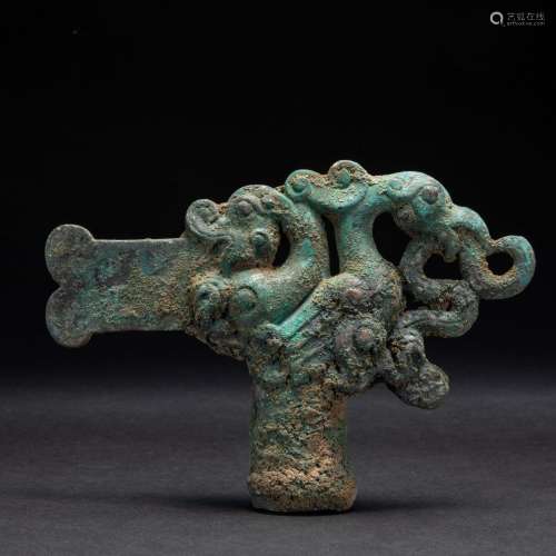 Bronze Swirling Crutches Head Handle Han Dynasty