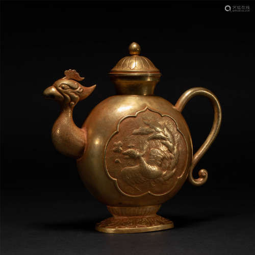Gold-made large-mouthed phoenix holding pot Liao Dynasty