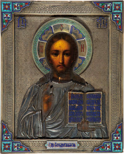 Christus Pantokrator mit Silberoklad mit Email