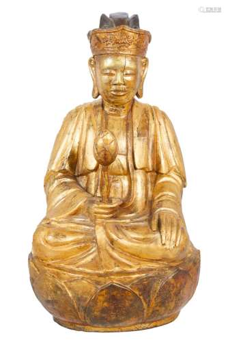 99-VIETNAM - 约1900年金漆木雕佛像，以padmasana坐于莲花形底座上...