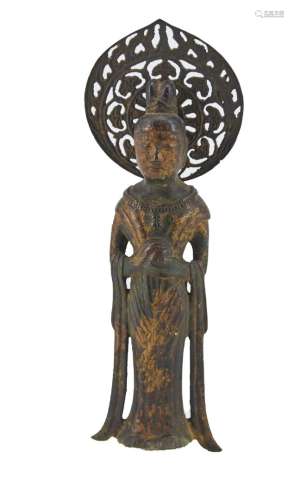 100-COREY - 20世纪鎏金观音铜像，站立，身穿褶皱长袍，双手合十，胸...