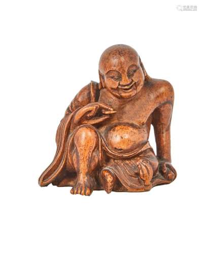 170-CHINA - 18/19世纪竹制雕像，刘海坐着，他的蟾蜍在他的脚下，拿...