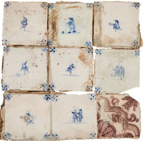 294-Delft和法国北部：由51块石炭土瓦片组成的拍品。蓝色和锰。年代...