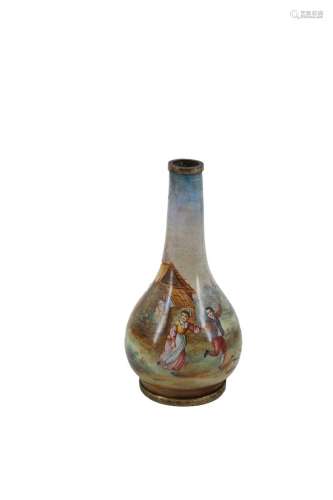 385-小圆顶花瓶，有泰尼耶风格的农民场景的珐琅彩装饰，脚跟和颈部...