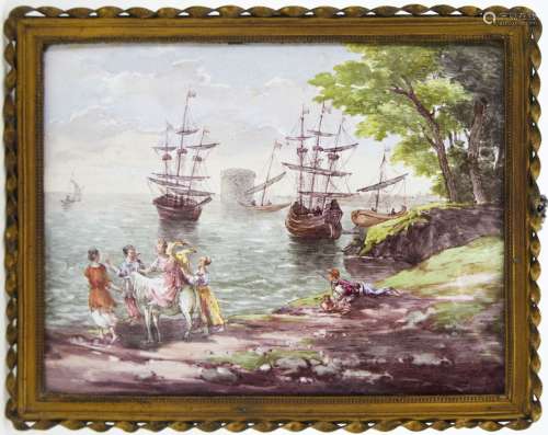 391-多色珐琅盘，带动画的海洋场景，黄铜框架19世纪11.5 x 13.5 厘...