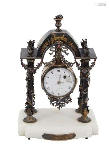400- 银质和镀金的门廊钟，装饰有白色和红色宝石的花环，18世纪的表...