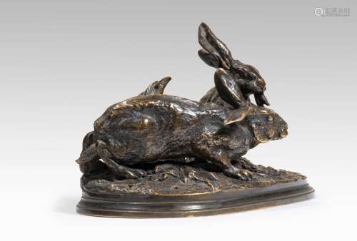 428-Pierre-Jules MENE (1810-1879 法国)两只野兔青铜，带有棕色的...