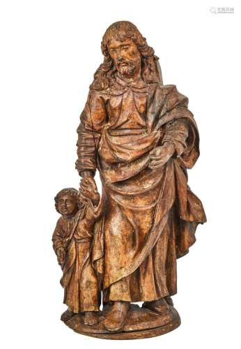 447-圣约瑟夫和小耶稣雕塑，有多色的痕迹。17世纪(修复了一只脚，有...