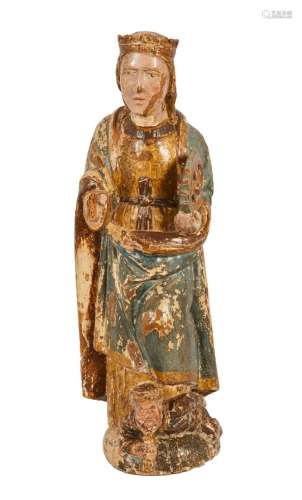 449-圣凯瑟琳多色木雕16世纪(缺少一只手)高度：61厘米