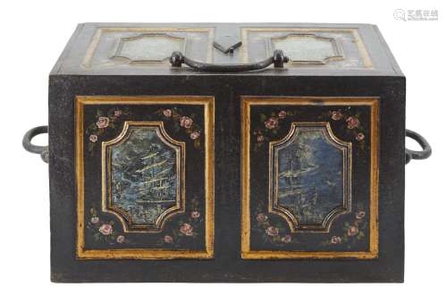 484-铂金和镀金的铁箱，有储备的风景的多色装饰，移动手柄。18世纪(...