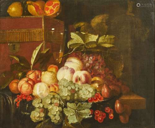512- 归功于约翰内斯-汉诺特（1633 - 1684）。静物画中的一盘水果、石...