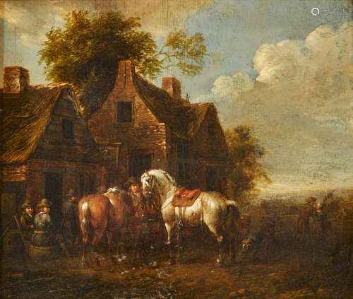 519-十七世纪的荷兰学校骑兵的停顿右下角有图案。板上油彩H.22 x ...