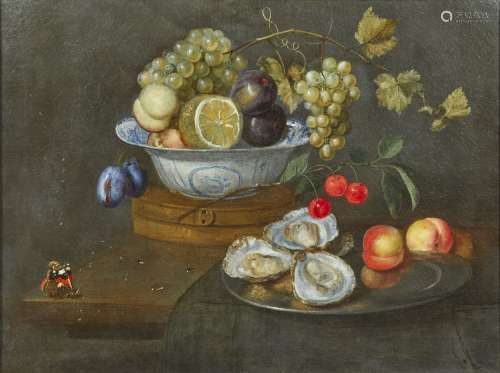 523- 弗朗斯-伊肯斯 (约1601-约1693)水果、牡蛎和蝴蝶的静物画帆布...