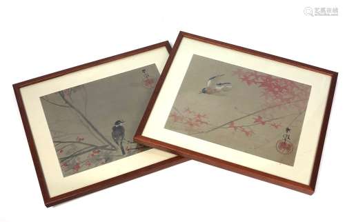 VIETMAN 树枝上的鸟儿 一对彩绘丝网版画，已签名 18.5 x 24 cm (正...