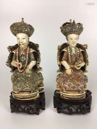 中国 雕刻和多色象牙文人夫妇 20世纪初 高度18厘米
