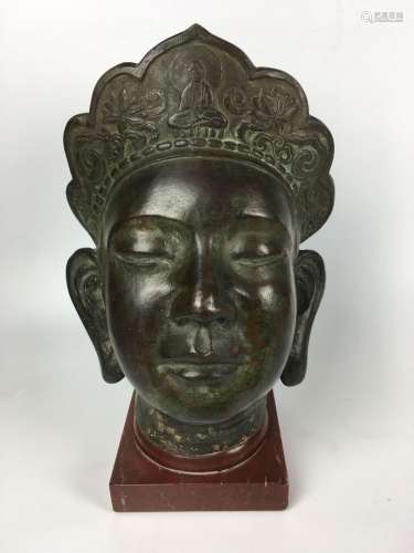东南亚 佛教神仙头像，戴有佛陀装饰的头饰，铜合金材质，有出土的痕...