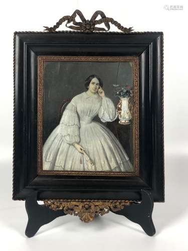 十九世纪法国学校 拿着扇子的优质女士 大型微型画15.5 x 12.5厘米...