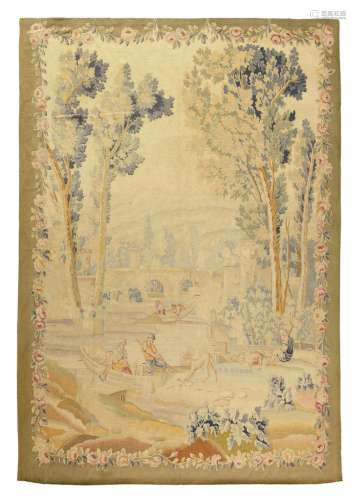 法国 精美的奥布松挂毯面板 羊毛和丝绸 状况良好 钓鱼场景 两艘多...