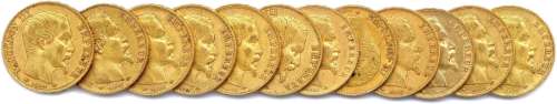 NAPOLEON III 一批12枚20法郎金币（光头）：1859年巴黎（5枚），1859年...