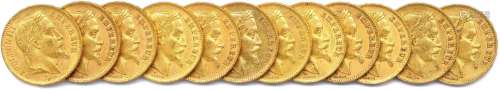 纳波莱昂三世 一批12枚20法郎金币（头顶桂冠）：1867年巴黎（3枚除外...
