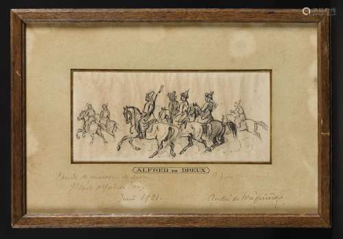 ALFRED DE DREUX (1810-1860) Tartar Riders.钢笔画在passe-part...