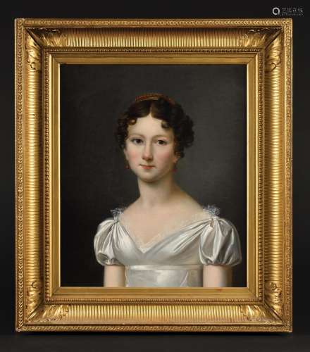 19世纪初的法国学校。  一个带着珊瑚装饰品的年轻女子的肖像。布面...