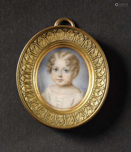 B.JUNCKER.幼儿肖像 象牙上的椭圆形微型画，表现孩子的全貌，右侧有...