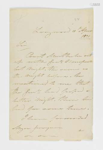 Lutyens (Englebert).  签署的英文亲笔信，致吉迪恩-戈雷尔。1821年...