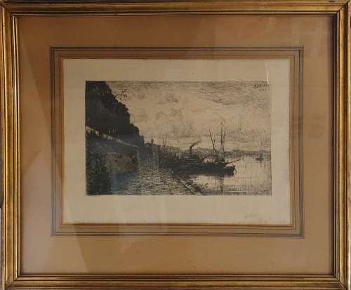 阿皮安-阿道夫 (1818-1898)码头，1879年蚀刻版画，版画右上方有签名...