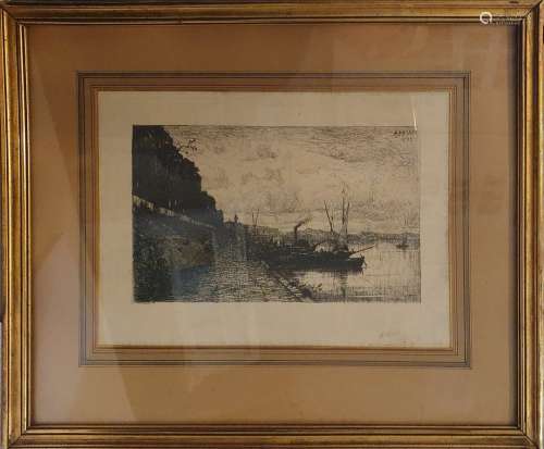 阿皮安-阿道夫 (1818-1898)码头，1879年蚀刻版画，版画右上方有签名...