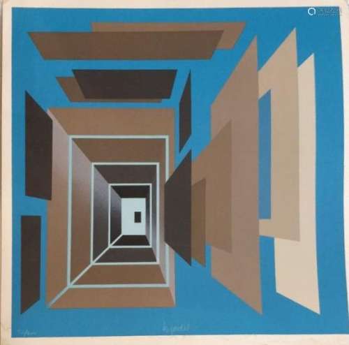 贾德尔-伯纳德(1932-1984)蓝色背景上的构图。纸上绢本书法。中间有...