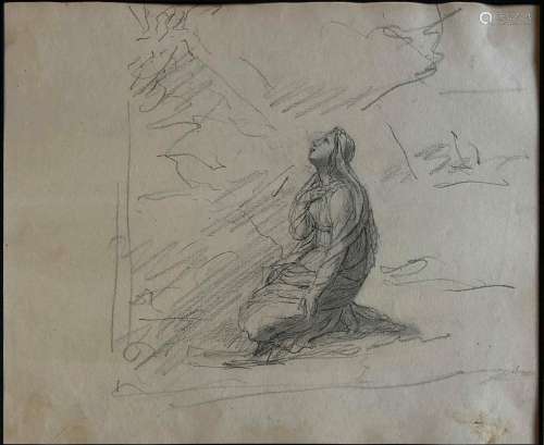 19世纪法国学校跪着的处女纸上石墨、黑铅笔和酯类绘画（绝缘和污渍...