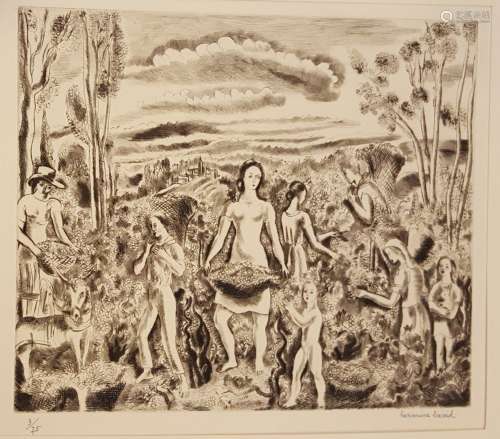 达维德-赫尔曼(1886-1970)收获右下方有签名的蚀刻版画，左下方有编...