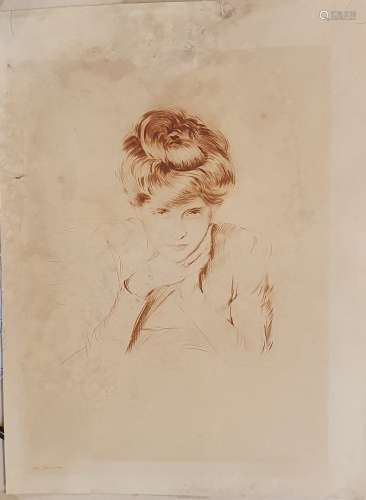 赫鲁-塞萨尔-保罗 (1859-1927)Helleu夫人左下角有签名的干版画日...