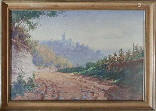 巴贝尔-安托万，1859-1948。沿着墙的路径。水彩画（有日晒和晕染），右...