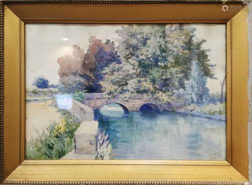 比尔-莉娜，1855-1936桥梁水彩画，右下角有签名，有些发霉。34 x 50 ...