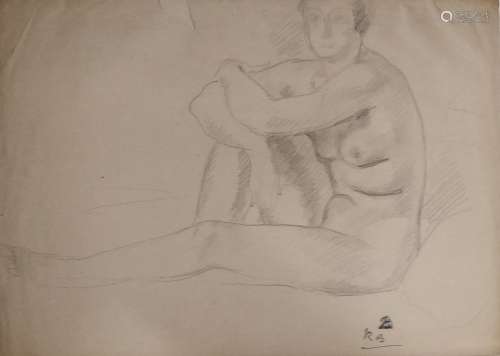 BUTHAUD René, 1886-1986,坐着洗澡的人米色纸上的石墨（撕裂、褶皱...