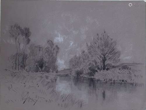 欧仁（CICÉRI），1813-1890。河岸，灰纸上的黑石和白粉笔（非常小的缺角...