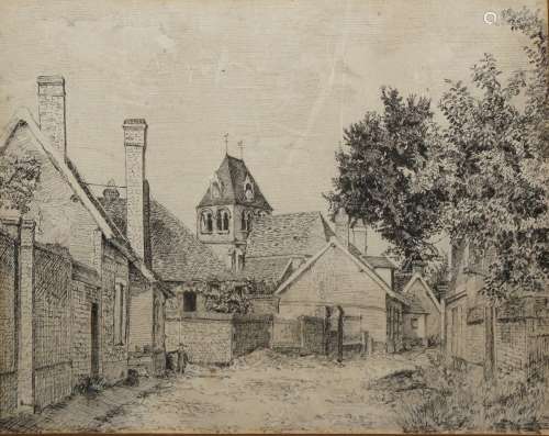 DELAMARRE E.，20世纪初。村街，1909年。纸上的钢笔和黑墨水（轻微的i...