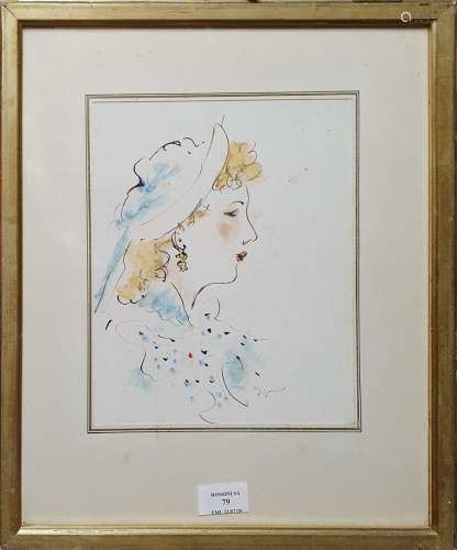 安德烈-迪尼蒙，1891-1965。金发女郎的侧面。纸上钢笔、棕色墨水和水...