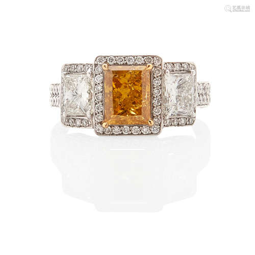 18K WHITE GOLD, FANCY DEEP ORANGY YELLOW DIAMOND AND DIAMOND...