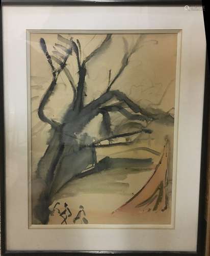 现代学校靠近树的人纸上水彩画，无签名40 x 30 cm at sight