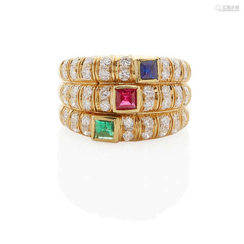 18K GOLD, DIAMOND AND GEM-SET RING