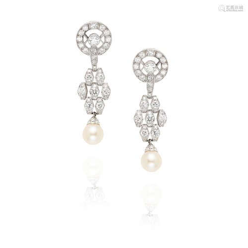 PAIR OF PLATINUM, 14K GOLD, DIAMOND AND CULTURED PEARL DROP ...