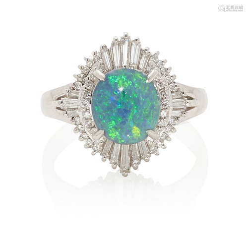 PLATINUM, BLACK OPAL AND DIAMOND HALO RING