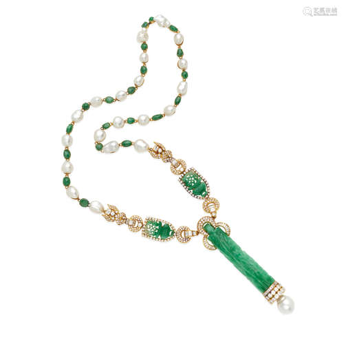 14K GOLD, JADE, CULTURED PEARL AND DIAMOND NECKLACE