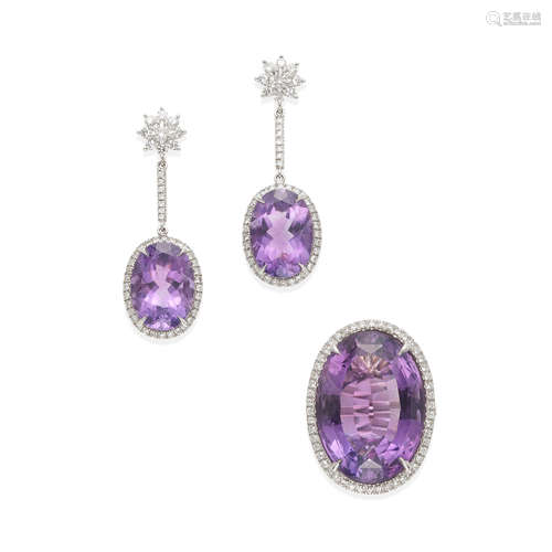 PLATINUM, AMETHYST AND DIAMOND RING AND PENDANT EARRINGS