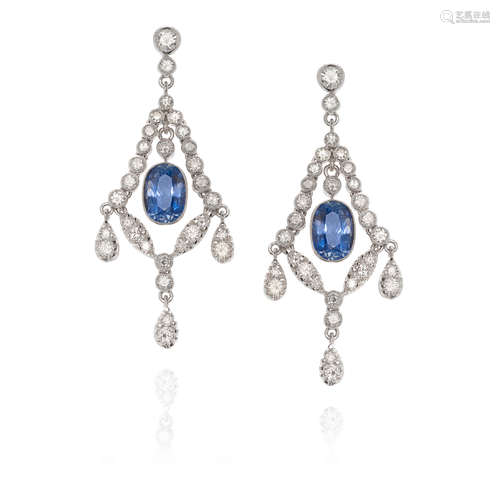 PAIR OF WHITE GOLD, SAPPHIRE AND DIAMOND CHANDELIER EARRINGS