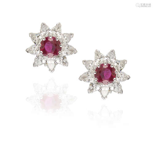 PAIR OF PLATINUM, RUBY AND DIAMOND EARCLIPS